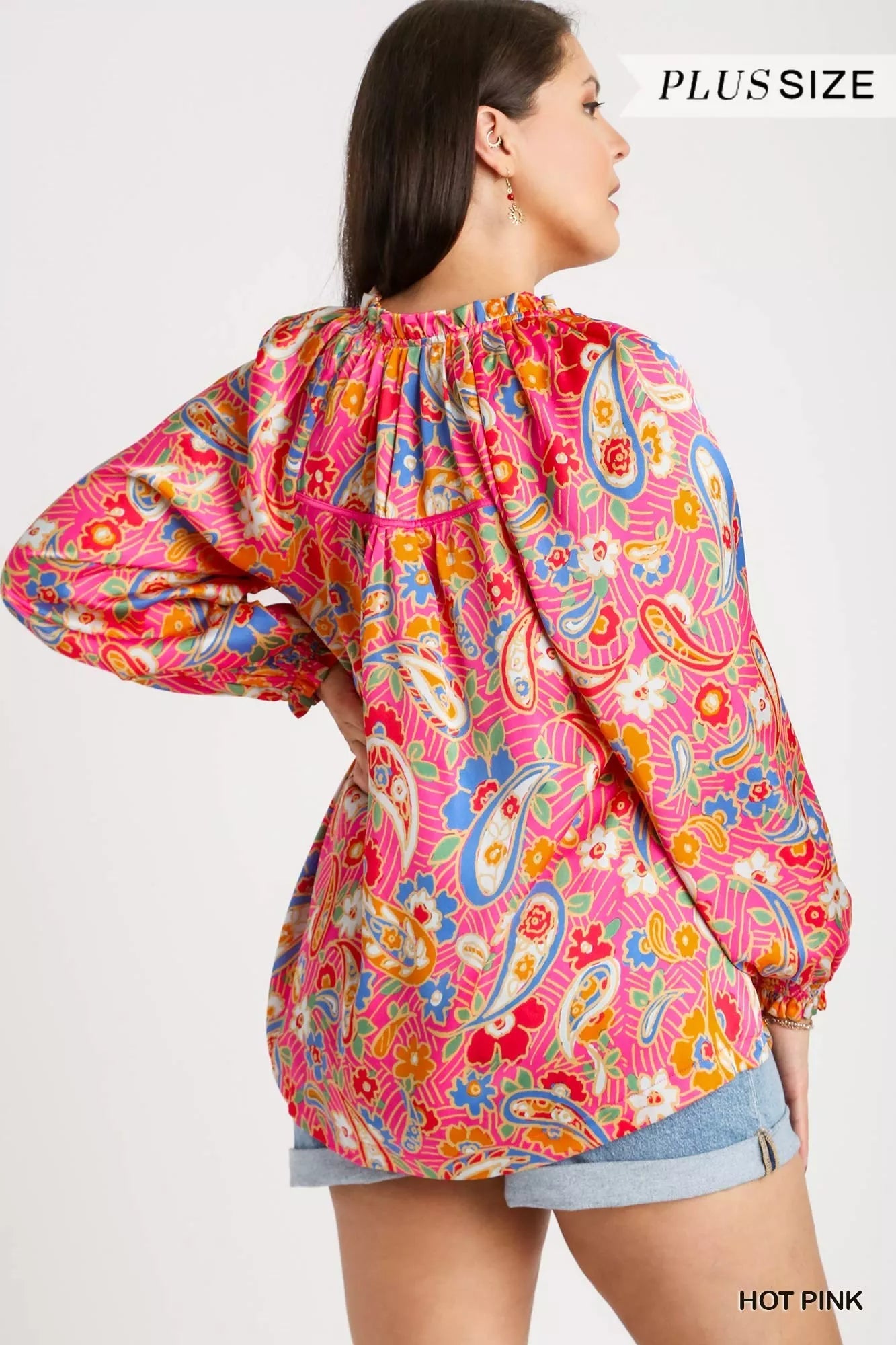 Plus size Umgee satin paisley ruffle neck button-up shirt in hot pink, full size, with ruffle detail and stylish design.