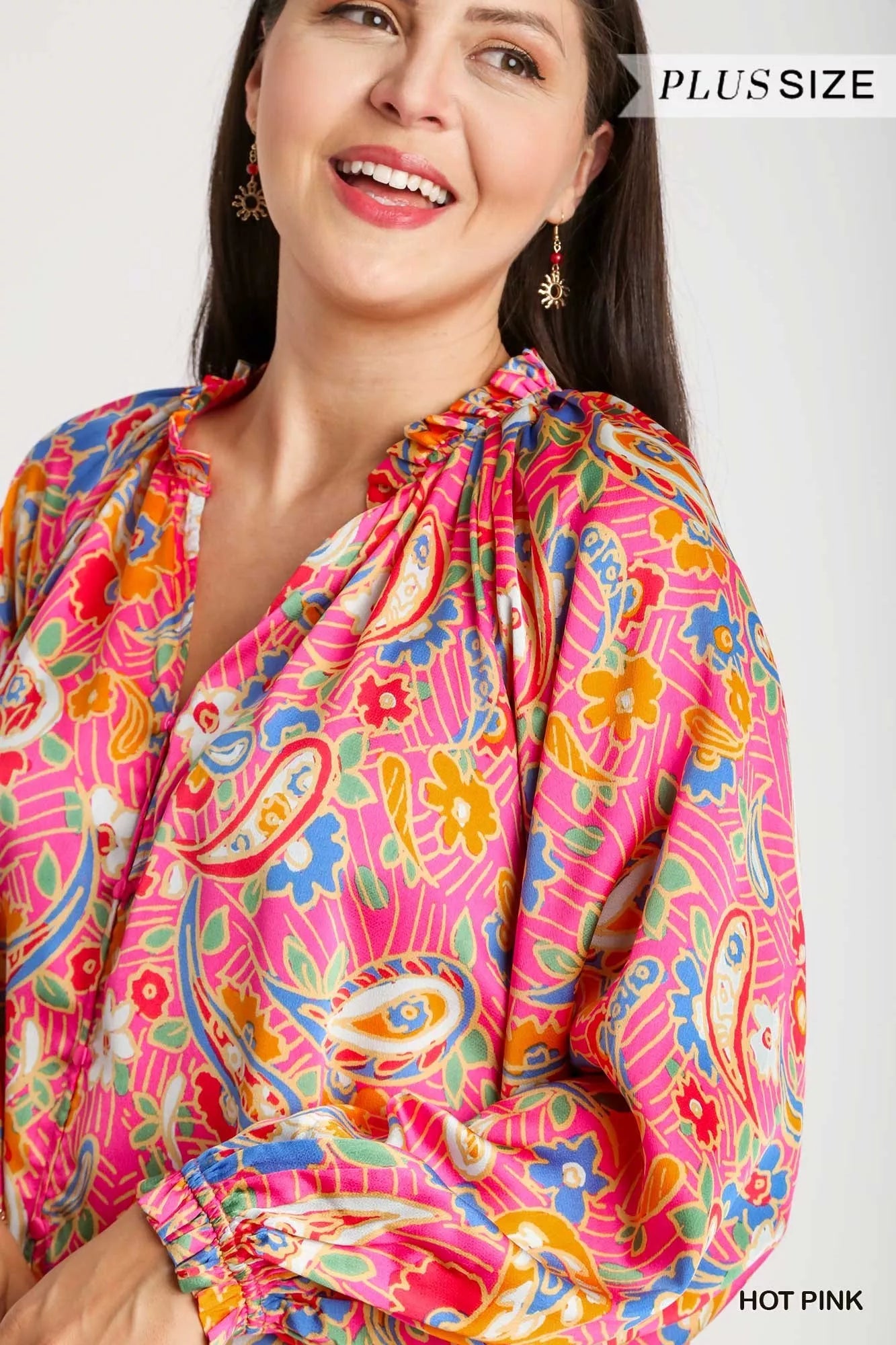 Plus size hot pink satin paisley ruffle neck button-up shirt by Umgee, featuring a stylish and flowy design.