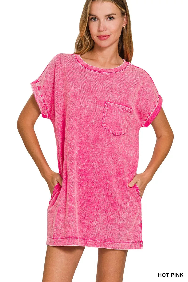 Hot pink Zenana Premium Cotton Washed T-Shirt Dress from Trendsi, casual and comfortable with a relaxed fit and short sleeves.