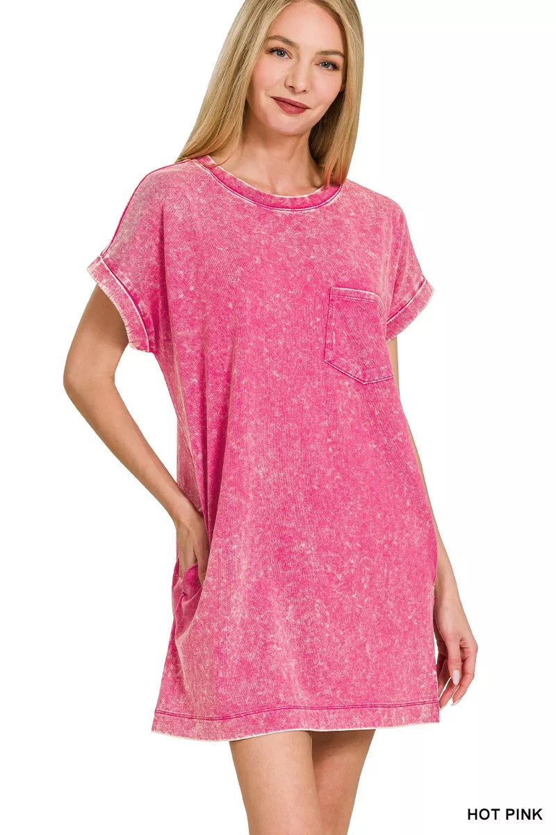 Hot pink Zenana Premium Cotton Washed T-Shirt Dress, casual and comfortable short-sleeve dress with soft fabric and relaxed fit.