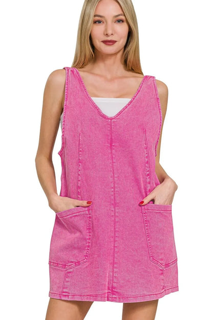 Hot pink Zenana washed denim overall dress with adjustable straps, featuring a casual, stylish fit for everyday wear.