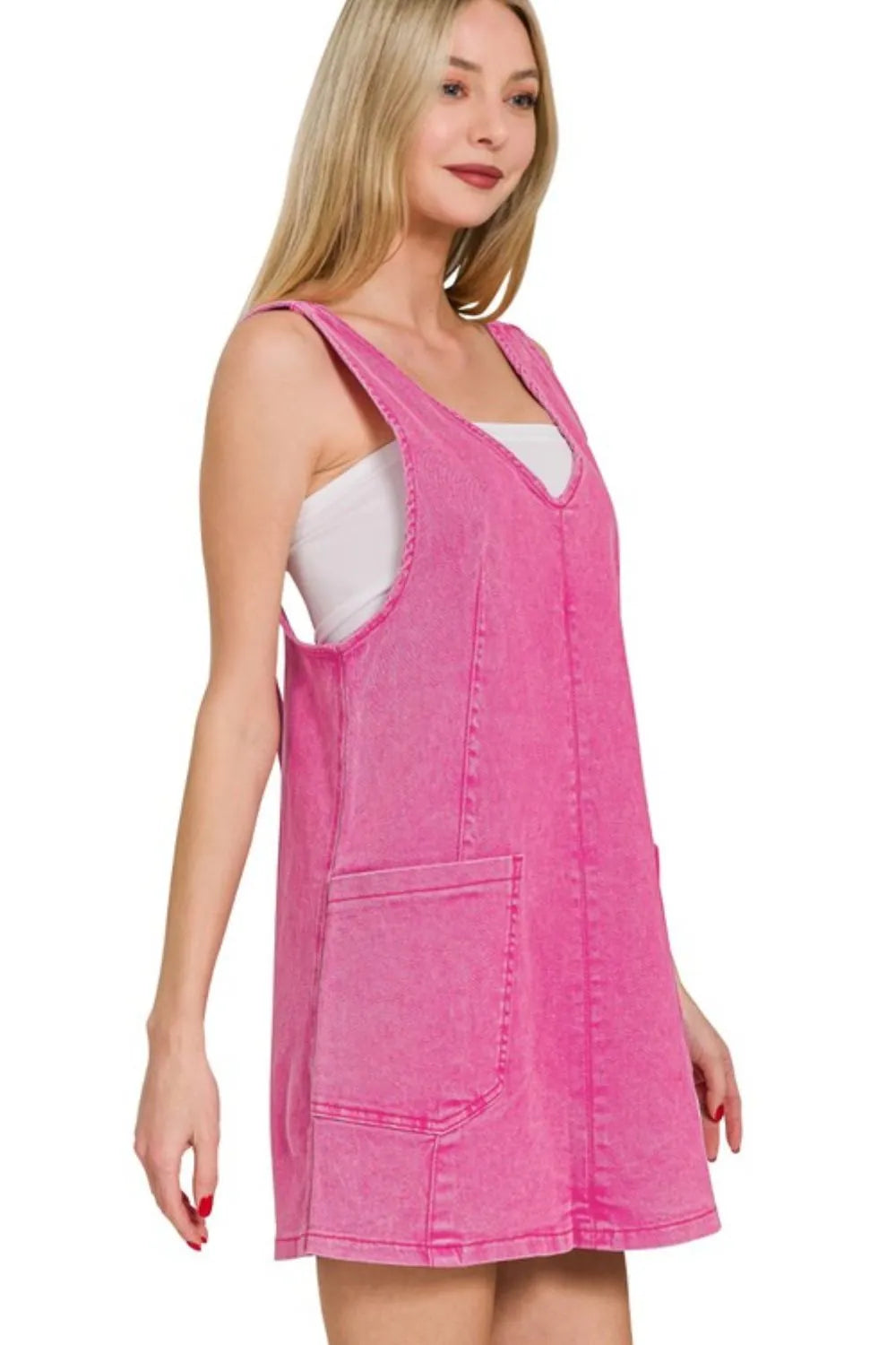 Trendsi Zenana washed pink denim overall dress with adjustable straps, front pockets, and a casual, relaxed fit.