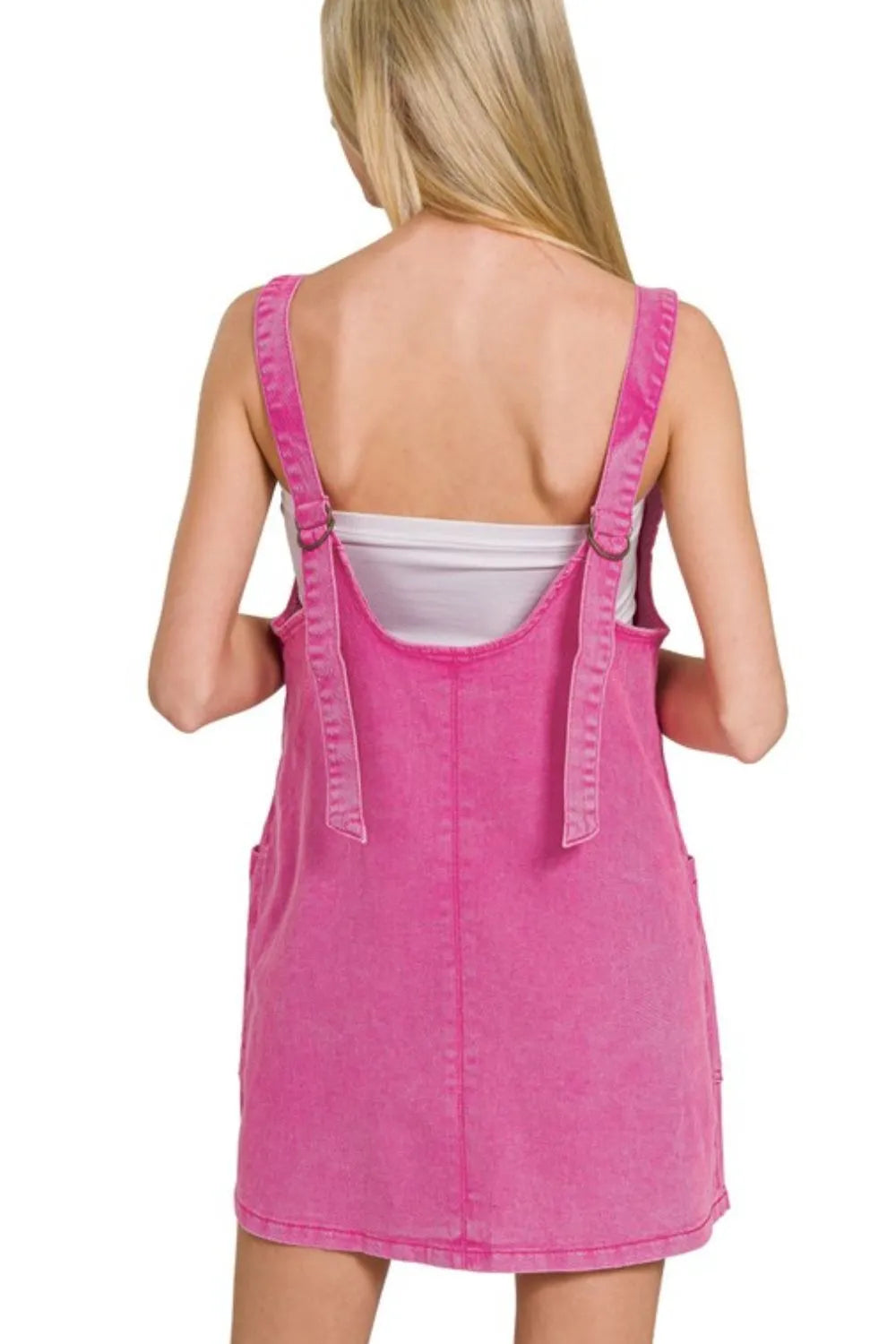 Hot pink Zenana washed denim overall dress with adjustable straps, casual sleeveless style, perfect for everyday wear.