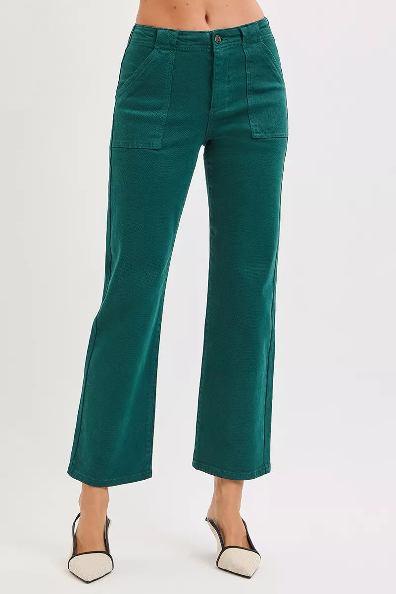 Hunter green high-rise ankle flare jeans with patch pockets from RISEN by Trendsi, styled with a relaxed fit and distressed details.
