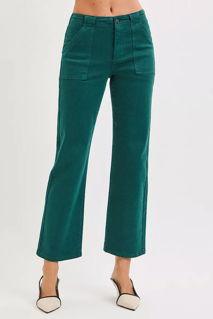 Hunter green high-rise ankle flare jeans with patch pockets from RISEN by Trendsi, styled with a relaxed fit and distressed details.