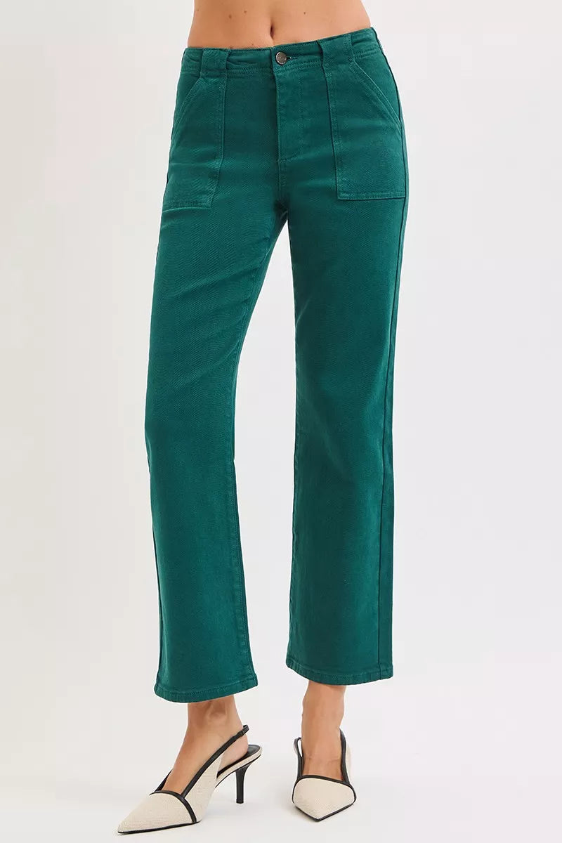 Hunter green RISEN high-rise ankle flare jeans with patch pockets, stylish and fitted, from Trendsi.