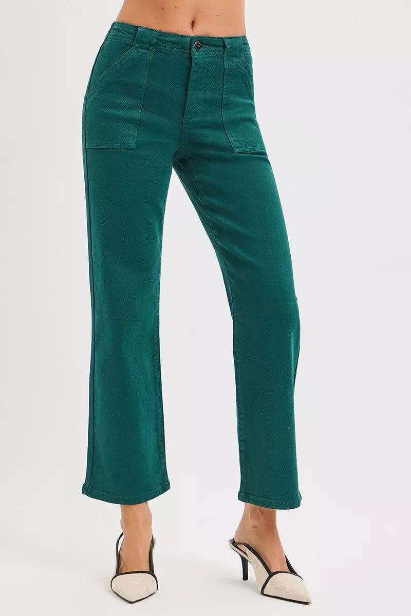 Hunter green RISEN high-rise ankle flare jeans with patch pockets, stylish denim from Trendsi, shown on a model.