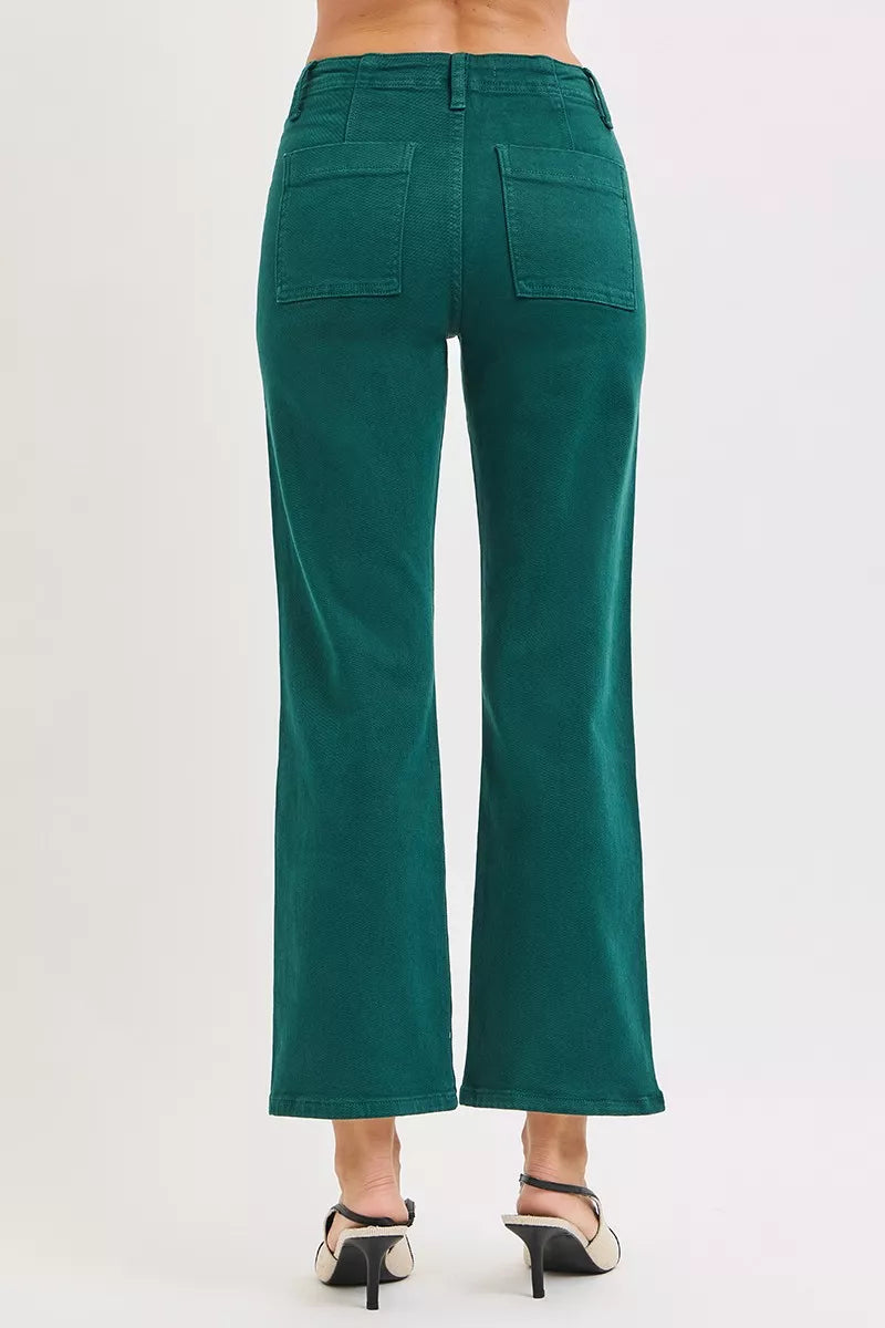 Hunter green Risen high-rise ankle flare jeans with patch pockets, stylish and fitted denim from Trendsi.