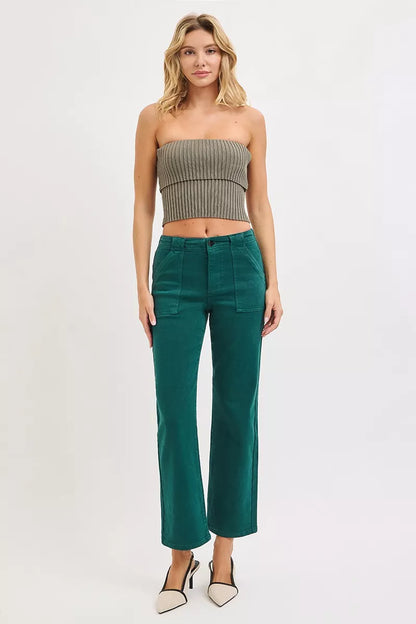 Hunter green Risen High Rise Ankle Flare Jeans with patch pockets, stylish denim with a fitted waist and flared leg silhouette.