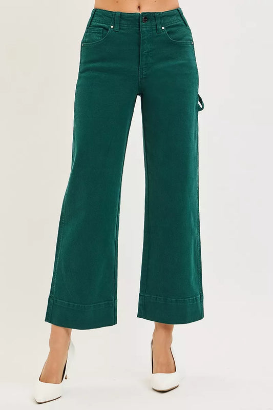 Hunter green RISEN tummy control high-rise crop pants with wide no waist band, designed for a flattering fit and comfort.