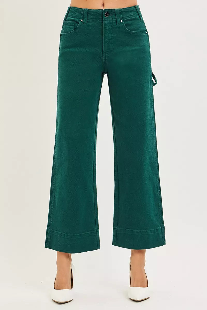 Hunter green Risen tummy control high-rise crop wide-leg pants with no waistband, by Trendsi, shown on a model.