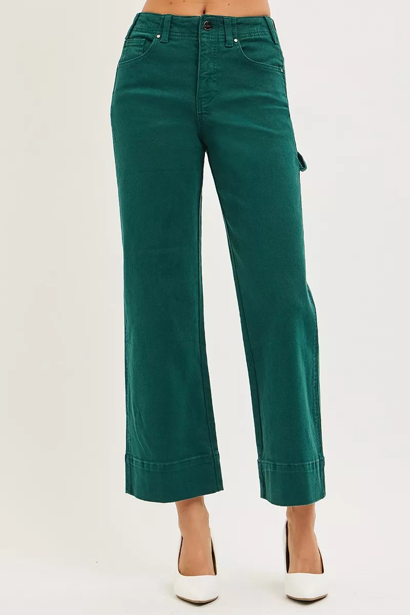 Hunter green Risen Tummy Control high-rise crop wide-leg pants with no waistband, designed for a flattering fit.