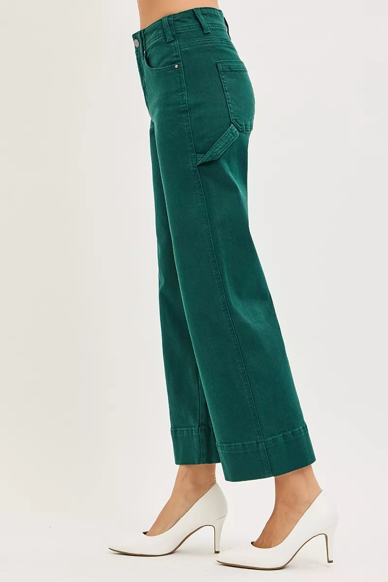 Hunter green RISEN Tummy Control high-rise crop wide-leg pants with no waistband, designed for a flattering fit and comfort.