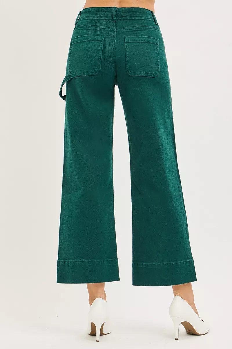 Hunter green Risen Tummy Control high-rise crop wide-leg pants with no waist band, from Trendsi, shown on a model.