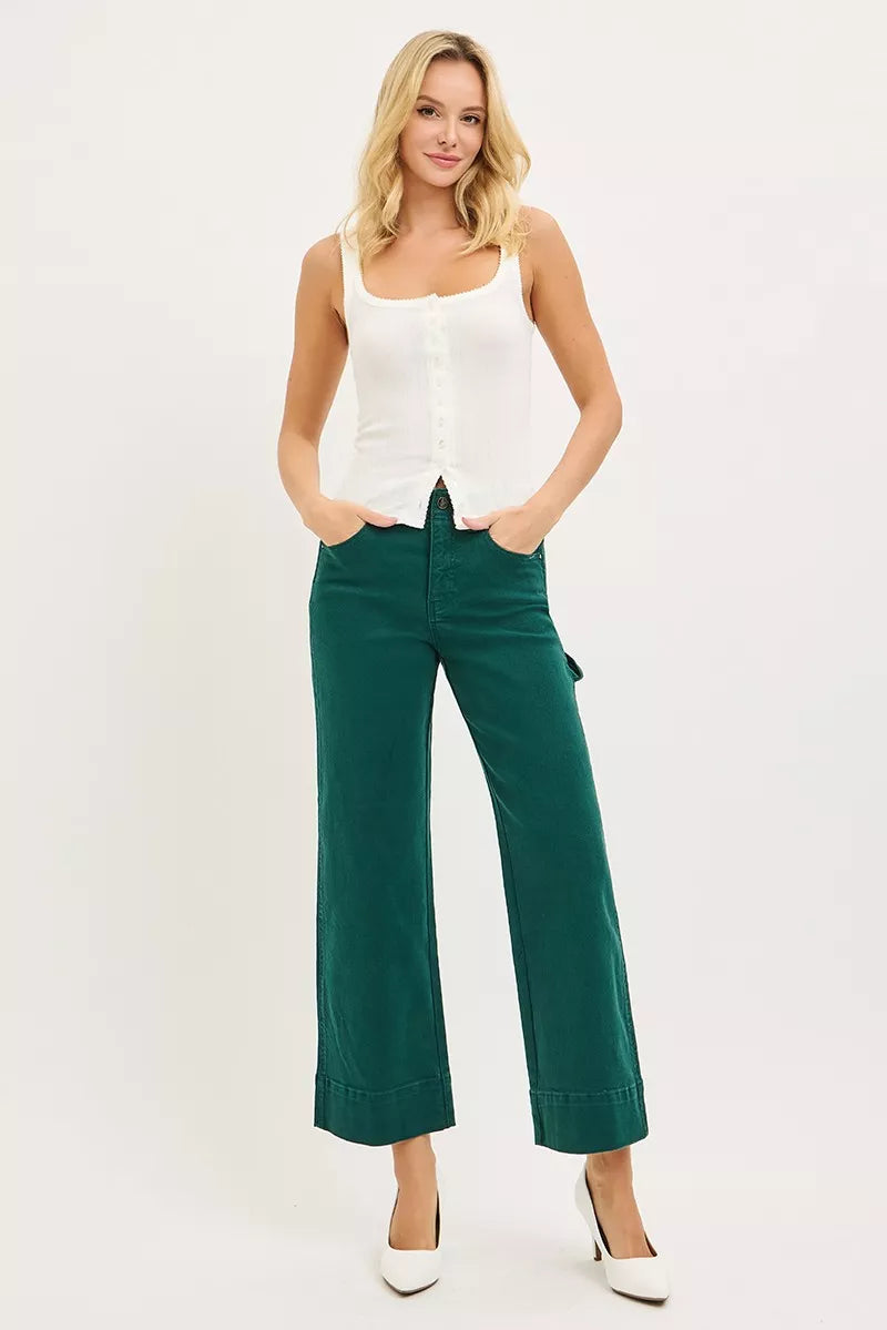 Hunter green Risen Tummy Control high-rise crop pants with wide legs and no waistband, designed for a comfortable, flattering fit.