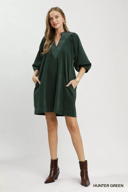 Hunter green Umgee corduroy V-neck puff sleeve shift dress with pockets, stylish casual dress by Trendsi.