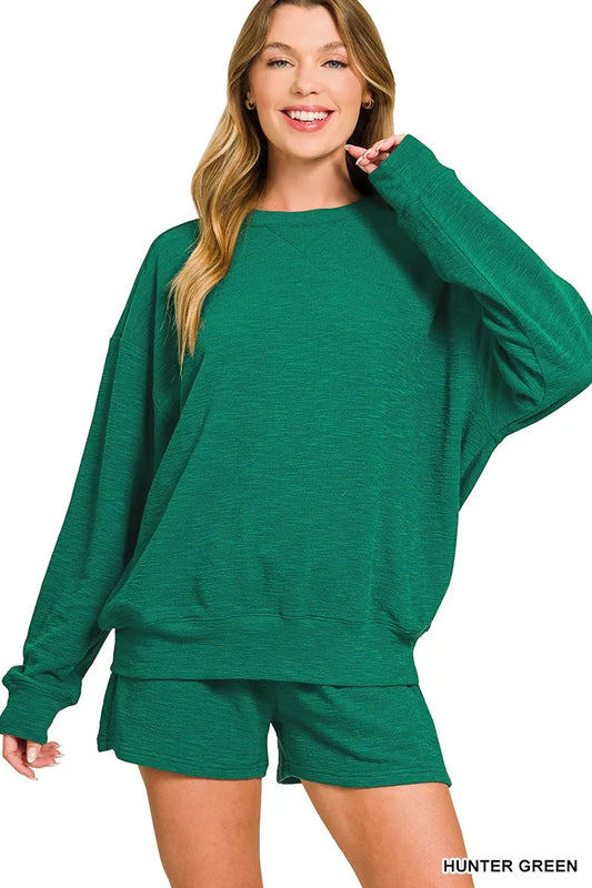 Hunter green Zenana slub long sleeve top and shorts set, casual loungewear with relaxed fit and comfortable fabric.