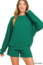 Hunter green Zenana slub long sleeve top and shorts set, casual loungewear with relaxed fit and comfortable fabric.