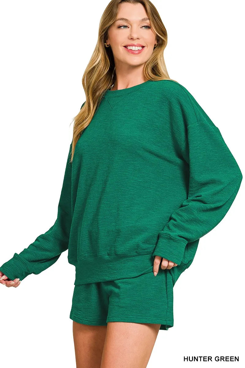 Hunter green Zenana slub long sleeve top and shorts set, casual loungewear with relaxed fit and comfortable fabric.