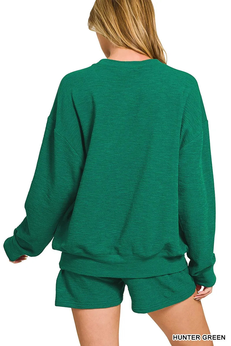 Hunter green Zenana slub long sleeve top and shorts set featuring a relaxed fit, casual style, and comfortable fabric.
