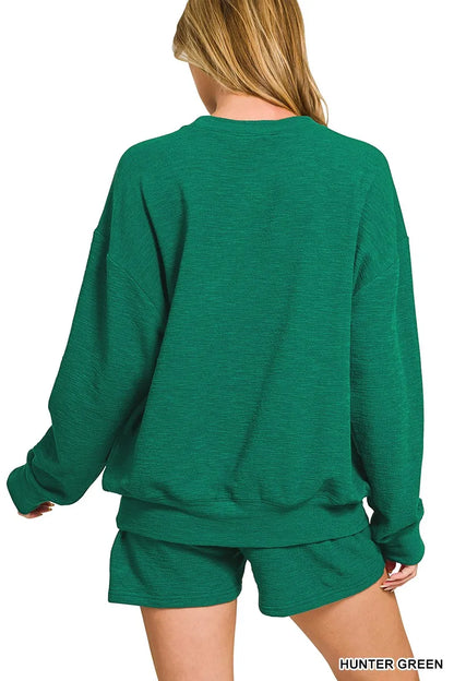 Hunter green Zenana slub long sleeve top and shorts set featuring a relaxed fit, casual style, and comfortable fabric.