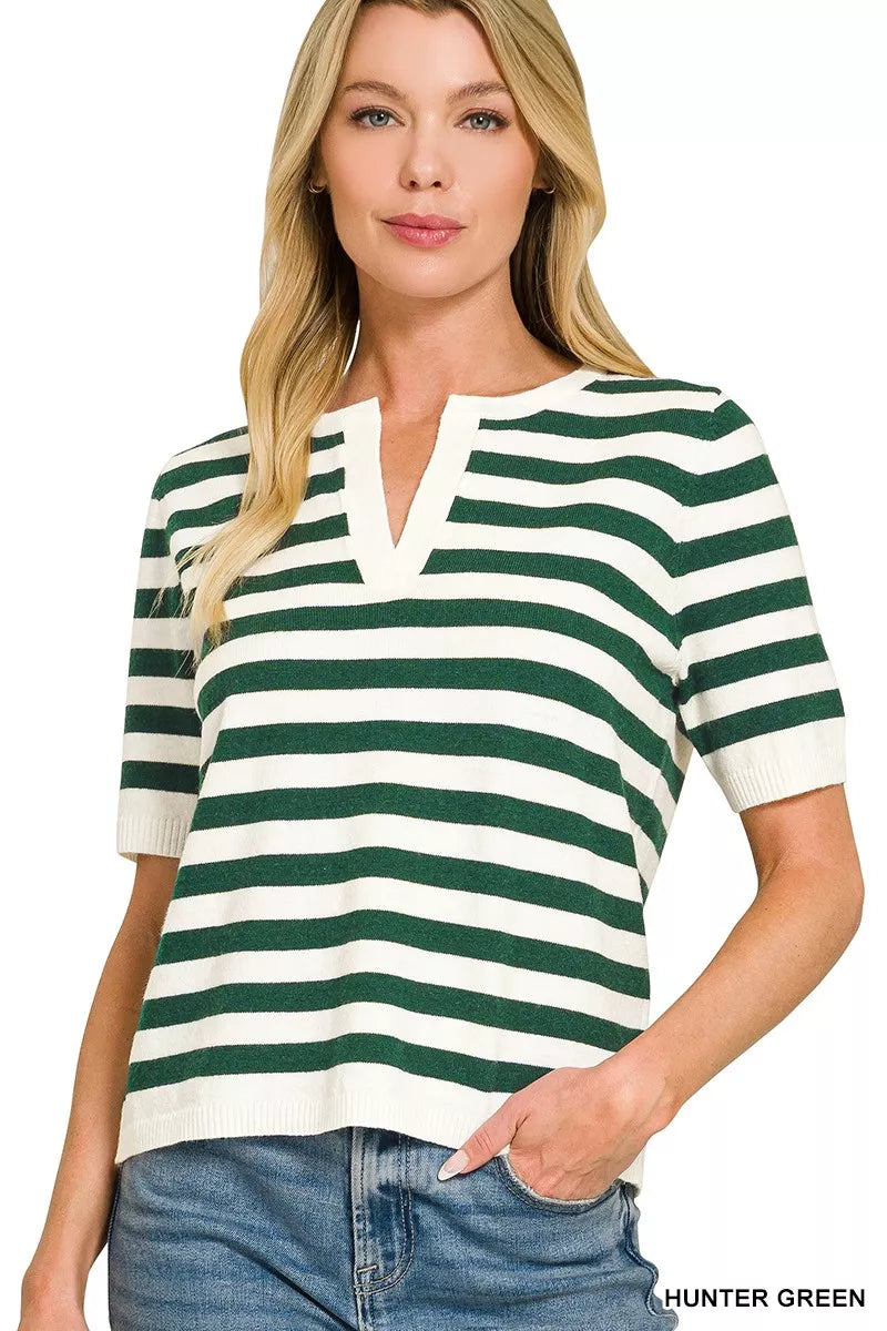 Hunter green Zenana stripe short sleeve sweater with split neckline, casual style, made by Trendsi.
