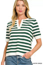 Hunter green Zenana stripe short sleeve sweater with split neckline, casual style, made by Trendsi.