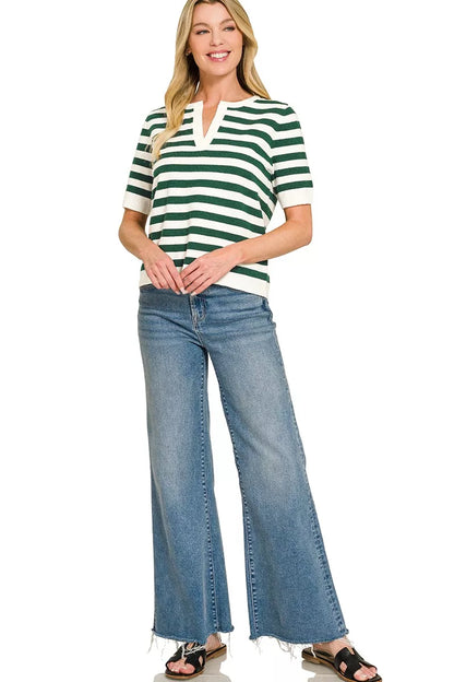 Hunter green Zenana stripe short sleeve sweater with a split neck, featuring a stylish, casual design perfect for everyday wear.