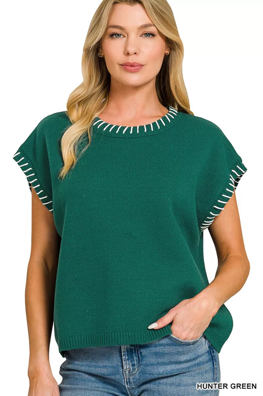 Hunter green Zenana oversized sweater with stitch detailing, featuring a relaxed fit and cozy knit fabric.