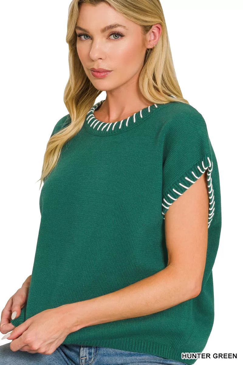 Hunter green Zenana oversized sweater with stitch detailing, featuring a relaxed fit and cozy knit fabric.
