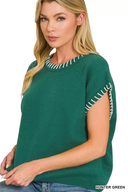Hunter green Zenana oversized sweater with stitch detailing, featuring a relaxed fit and cozy knit fabric.