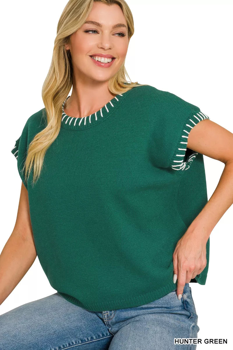 Hunter green Zenana oversized sweater with stitch detailing, featuring a cozy, relaxed fit and textured knit design.