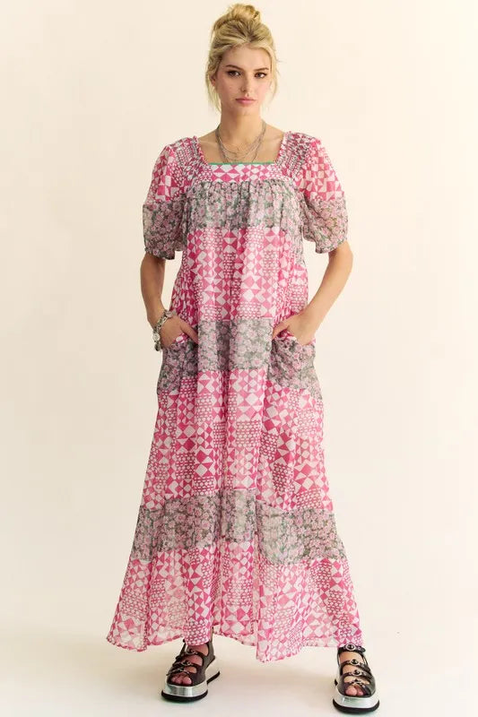 Davi & Dani multi floral square neck puff sleeve maxi dress in Indian pink, featuring a flowy silhouette and vibrant floral pattern.