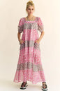 Davi & Dani multi floral square neck puff sleeve maxi dress in Indian pink, featuring a flowy silhouette and vibrant floral pattern.