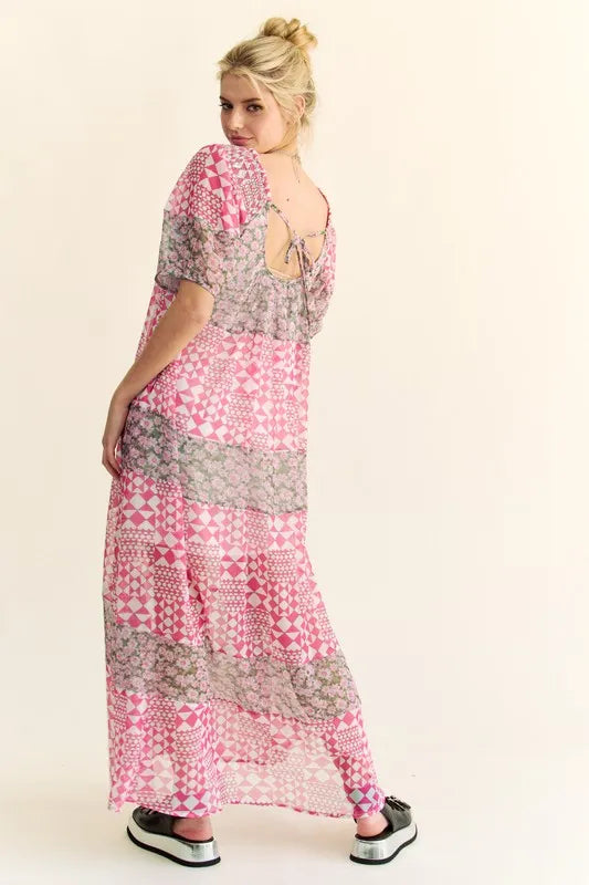 Davi & Dani multi-floral square neck puff sleeve maxi dress in Indian pink, featuring a flowy silhouette and vibrant floral pattern.