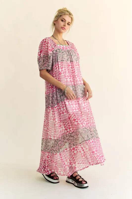 Davi & Dani multi-floral square neck puff sleeve maxi dress in Indian pink, featuring a flowy silhouette and vibrant floral pattern.