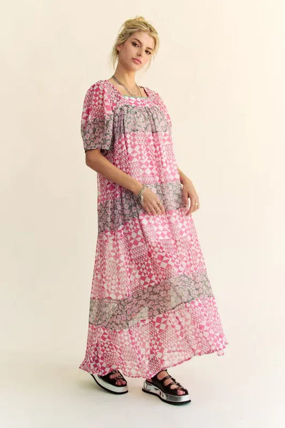 Davi & Dani multi-floral square neck puff sleeve maxi dress in Indian pink, featuring a flowy silhouette and vibrant floral pattern.