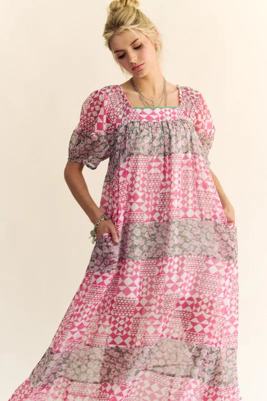 Indian pink Davi & Dani floral maxi dress with square neckline and puff sleeves, perfect for stylish summer occasions.