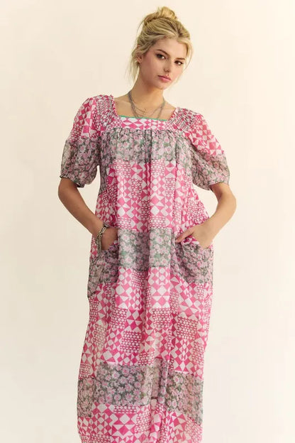 Indian pink Davi & Dani floral maxi dress with square neckline and puff sleeves, stylish summer dress by Trendsi.