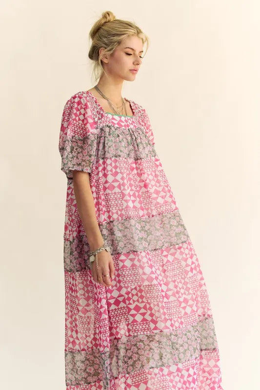 Davi & Dani multi-floral square neck puff sleeve maxi dress in Indian pink, featuring a flowy silhouette and vibrant floral pattern.