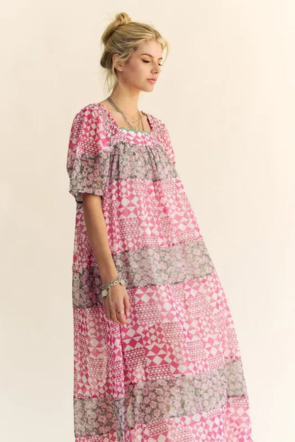 Davi & Dani multi-floral square neck puff sleeve maxi dress in Indian pink, featuring a flowy silhouette and vibrant floral pattern.