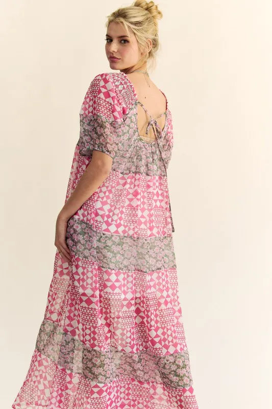 Davi & Dani multi floral square neck puff sleeve maxi dress in pink with floral pattern and elegant design, by Trendsi.