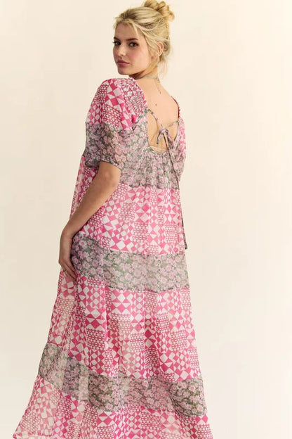 Davi & Dani multi floral square neck puff sleeve maxi dress in pink with floral pattern and elegant design, by Trendsi.