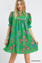 Umgee multi-flower print V-neck dress in island green, featuring a stylish and flowy design with vibrant floral patterns.