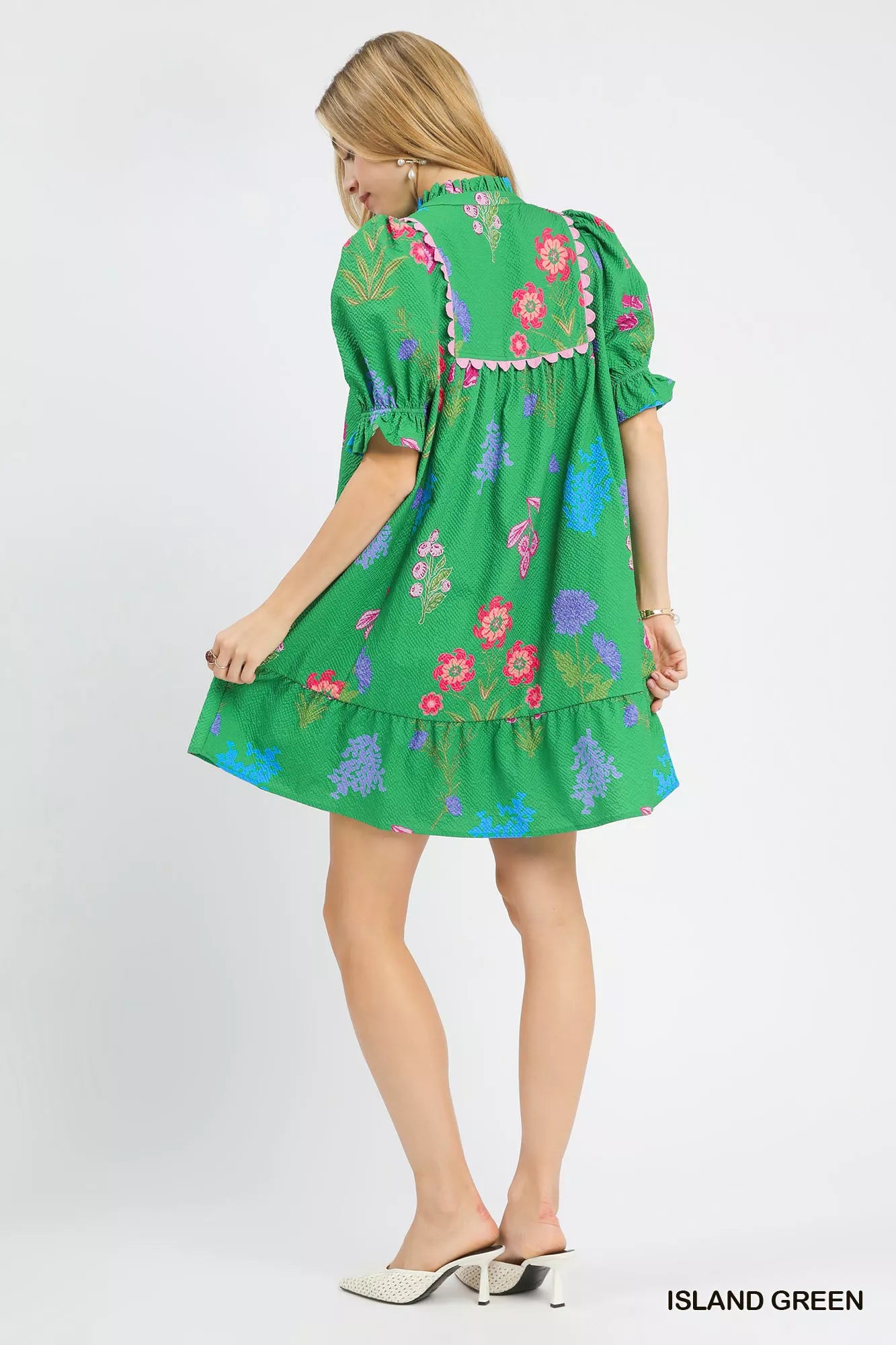 Umgee multi-flower print V-neck dress in island green, featuring a relaxed fit and floral pattern, perfect for casual wear.