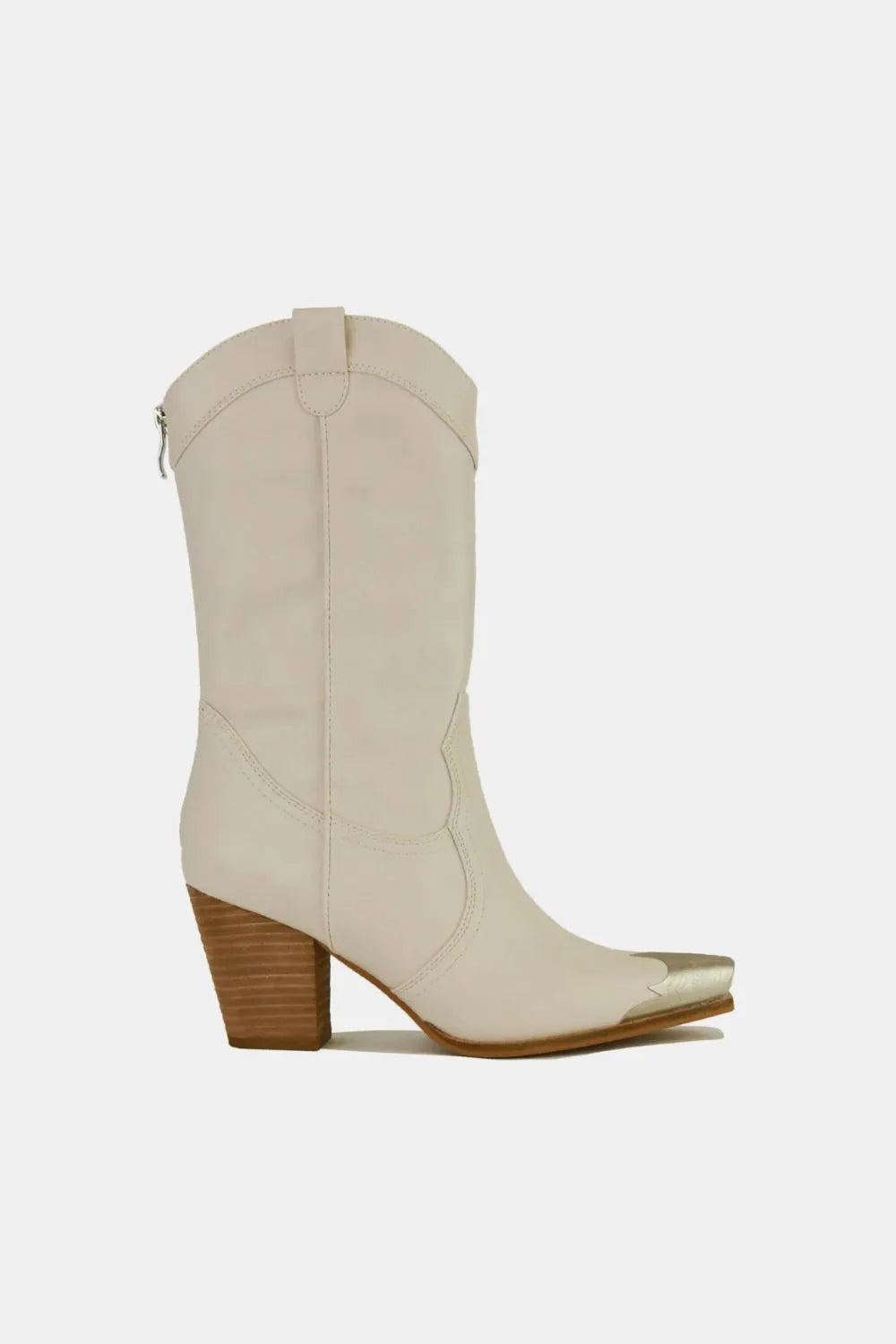 Beast Fashion ivory metal-toe block heel ankle boots with stylish design, featuring a sturdy heel and sleek ankle-length silhouette.