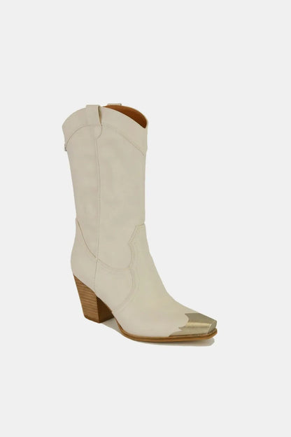 Ivory metal-toe block heel ankle boots by Beast Fashion featuring stylish design and sturdy ankle support.