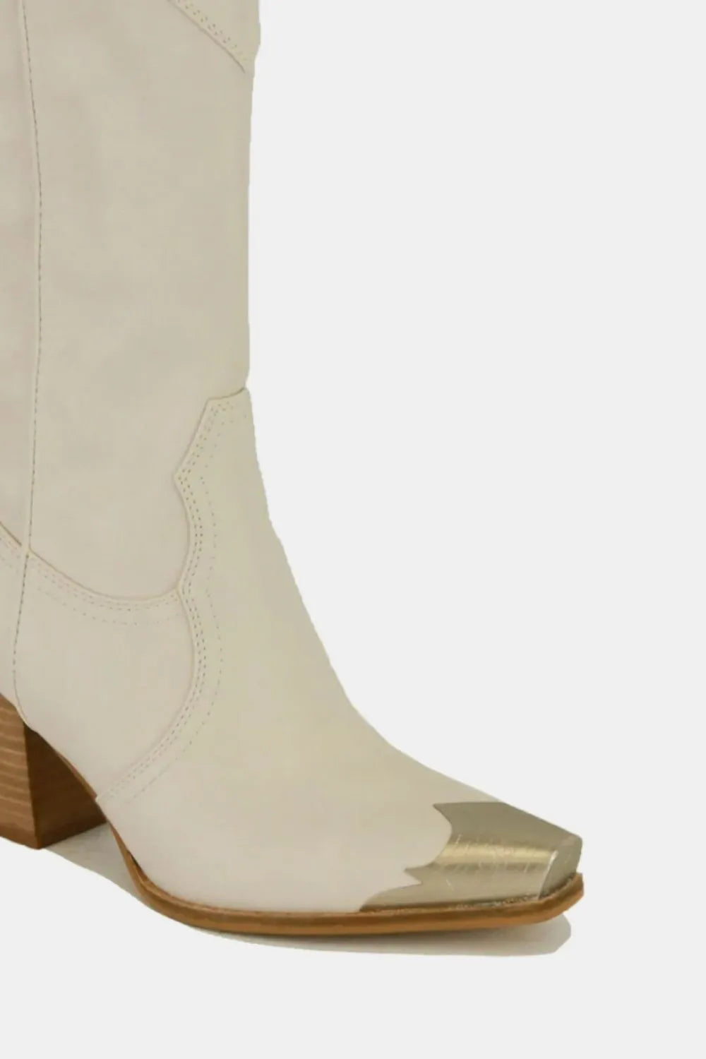 Beast Fashion ivory metal-toe block heel ankle boots with stylish design and sturdy heels, perfect for trendy footwear.