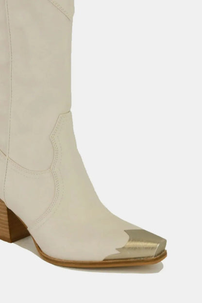 Beast Fashion ivory metal-toe block heel ankle boots with stylish design and sturdy heels, perfect for trendy footwear.