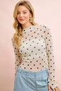 Trendsi ivory and black polka dot mesh top with high neckline and thumb-open sleeves, stylish and breathable women's fashion top.